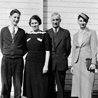The Marsch family, Burt, Eleanor, Paul and Peggy, in front of their home at 7th Avenue and H. Street, Anchorage, 1936.