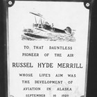 A plaque commissioned by the Anchorage Woman’s Club and installed in the concrete base of the beacon they had built at Merrill Field.  The Merrill memorial beacon was formally dedicated at Merrill Field and presented to the City of Anchorage on September 25, 1932. 
