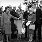 Evangeline Atwood was active in the establishment of the Anchorage Historical and Fine Arts Museum (now the Anchorage Museum at Rasmuson Center), which opened its doors in 1968.  Left to right: Evangeline Atwood, Elmer Rasmuson, Bob Reeve, Norma Hoyt, Bill Creighton, Richard Silberer, Mary Louise Rasmuson, Herb Hilscher, and Mayor George Sullivan.  