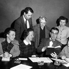 Cook Inlet Historical Society's first officers and directors - standing (left- right) Ed Crittenden, Orah Dee Clark, Wiletta Matsen; seated (left-right) Vanny Davenport, Evangeline Atwood, Herb Hilscher, and Doris Phillips.  About 1955.  
