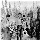 Father, son, and grandson: Henry, Fred, and Howard Bowman at homestead near what became the intersection of Bragaw Street and DeBarr Avenue, Anchorage.