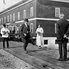 The Alaska Railroad train at Curry with President Warren G. Harding. Thomas "Tom" Peterkin was one of the locomotive engineers on the Alaska Railroad's "Congressional Special" train that carried President Harding and his party from Seward to Fairbanks and return during Harding's visit in 1923.
