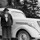 Katherine DeWald Rager with 1936 Nash 400 coupe, Seward, 1938.