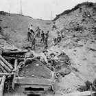 August "Gus" or "Gust" Seaburg's construction crew on the Alaska Railroad, Mile 348.4, 1920.