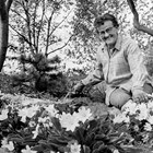 Aline Strutz in her garden, ca. 1970.