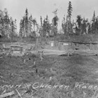 Jack and Nellie Brown homesteaded land several miles north of Anchorage overlooking Knik Arm, raising chickens to sell in Anchorage. This photograph shows their log home and the long log building built for the chickens. The U.S. government bought the land in the early 1940s to build what became Elmendorf Air Force Base (now Joint Base Elmendorf-Richardson).