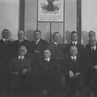 Officers of the Elks Anchorage Lodge, No. 1351, ca. 1924.  Charles Bush is seated on the left in the first row; seated next to him in the center of the front row is James Delaney, exalted ruler of the Anchorage Lodge in 1924 who later was also a mayor of Anchorage. 