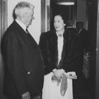 Austin E. "Cap" Lathrop with Miriam Dickey, his close business associate and the secretary-treasurer of the Midnight Sun Broadcasting Corporation, which he owned. Photograph, ca. 1945-1950.